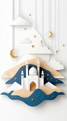 A white mosque with minarets and a dome is depicted in a layered paper-cut style, surrounded by clouds, crescent moons, and stars.