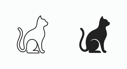 Sitting cat silhouette and outline illustration on a white background
