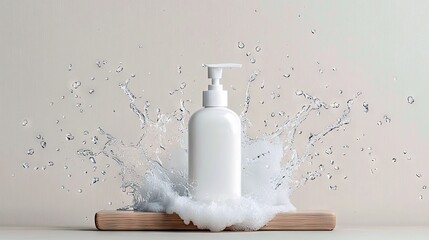 A white pump bottle is positioned on a wooden surface, surrounded by a dynamic splash of water and foam.