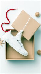 A white knit sneaker is placed inside an open cardboard box with a red shoelace and a white pom-pom.