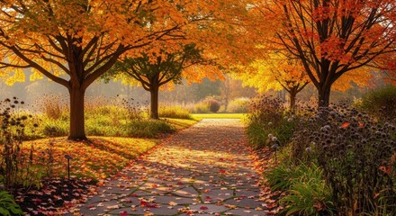 Naklejka premium A serene pathway lined with colorful trees, bathed in golden autumn light