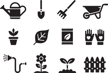 Collection of garden tools and plants icons