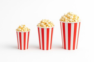 Three striped paper cups of salted popcorn in different sizes on white background fun cinema snack concept for movie night poster fast food menu and entertainment design