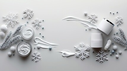 Cosmetic creams and jars arranged with decorative snowflakes, frosted branches, and small silver balls on a white background.
