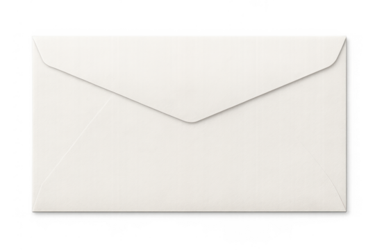 White classic mailing envelope with closed flap, symbolizing postal correspondence, communication, and message delivery on transparent background
