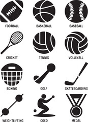 Collection of sports equipment and icons on white background