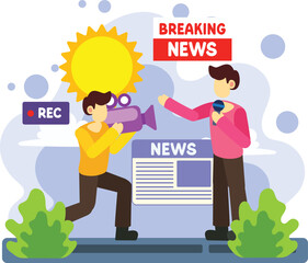 Reporter and cameraman covering breaking news illustration