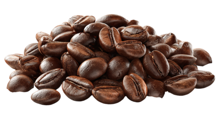 The image shows a close-up view of roasted coffee beans scattered across the bottom portion of the frame. The beans are glossy, rich brown, and textured, highlighting their freshness and roast quality