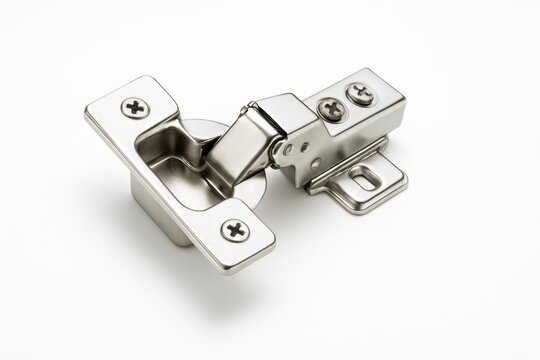 Adjustable steel cabinet door hinge product shot on clean white background metal hardware concept for kitchen furniture catalog carpentry tool branding and construction design