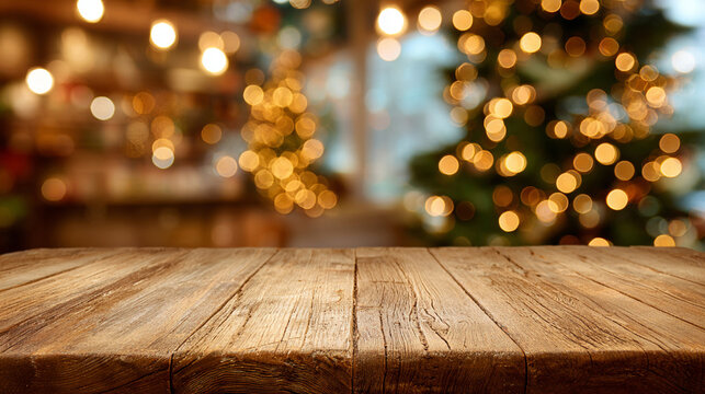 Wooden table in front of blurred Christmas tree lights in the background with warm golden bokeh lights, perfect for product display or advertising in winter.