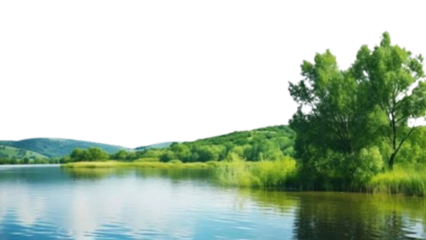 Serene lakeside landscape with lush green trees and reflections