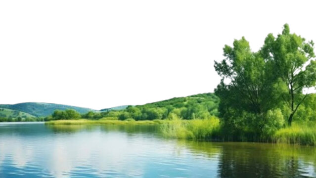 Serene lakeside landscape with lush green trees and reflections
