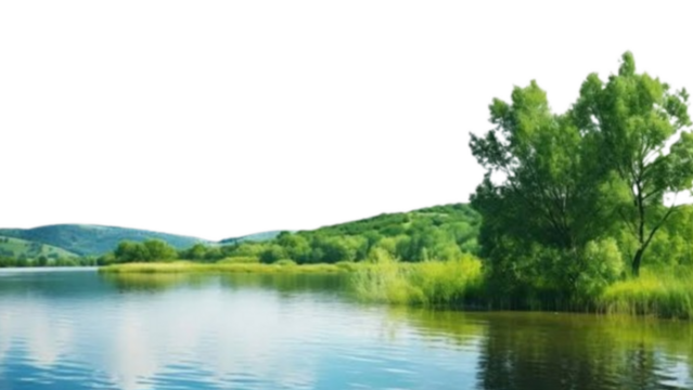 Serene lakeside landscape with lush green trees and reflections
