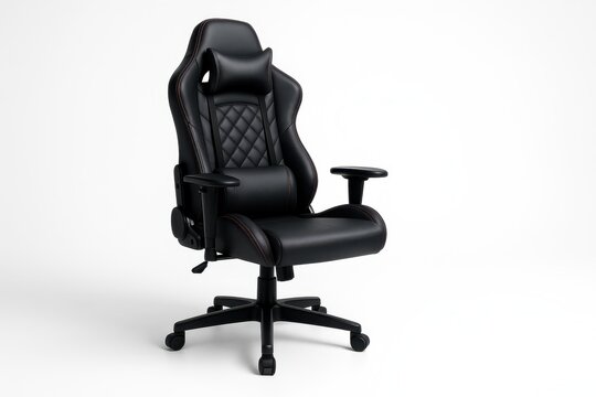 Black leather gaming chair with red accents three quarter front view on pure white background ergonomic gamer seat concept for esport setup office and pc desk design