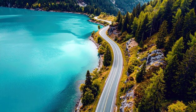 A scenic mountain road curves alongside a bright turquoise lake, bordered by a lush green forest and rocky terrain. - Powered by Adobe