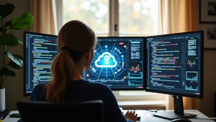 Female IT security professional working at dual monitor workstation displaying cloud security interface with padlock icon, code, and data analytics in dark office