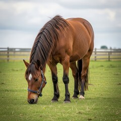 Fototapeta premium A tranquil scene showcasing a majestic brown horse grazing peacefully in a lush meadow under a