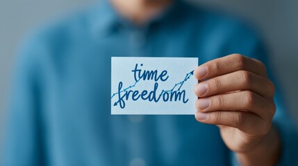 Person's hand ,passive income, financial growth, Empowering Financial Freedom Concept with "Time Freedom" Card, Graphs, and Passive Revenue Streams, Copy Space Available for Text
