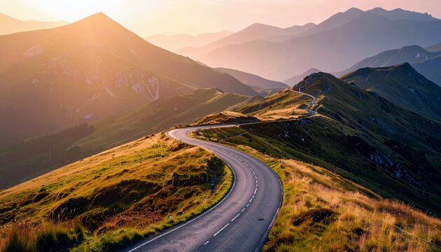 A scenic asphalt road curves through a grassy mountain landscape during sunset, with layers of mountains fading into the horizon.