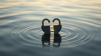 millenary. A broken heart-shaped lock floating on calm water, split in two pieces in soft morning light. wellbeing guides, coaching materials, designed for coaching and self-improvement content.