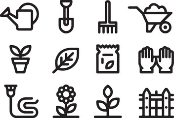 Collection of simple outline icons representing gardening tools and plants