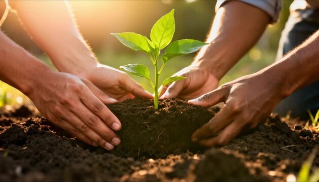three diverse hands gently planting a small vibrant green sapling into dark moist soil, symbolizing future growth, sustainability and environmental unity