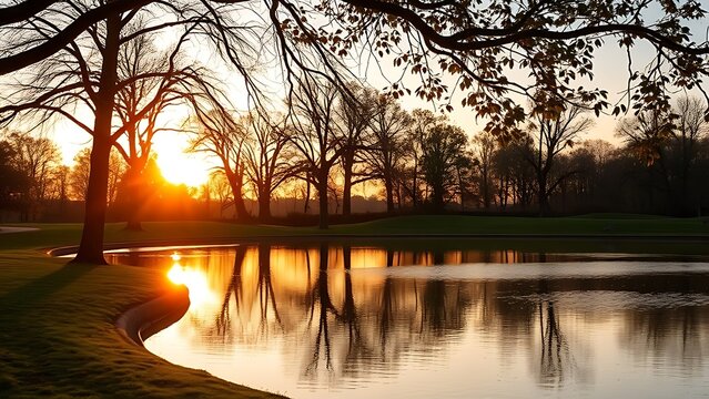 bench. A tranquil park bathed in golden sunset hues, with reflections dancing on calm water. inspiring travel planning, travel magazines, designed for travel destination branding, used by architects.