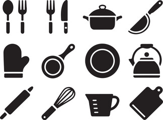 Collection of black kitchen utensils and cooking equipment icons