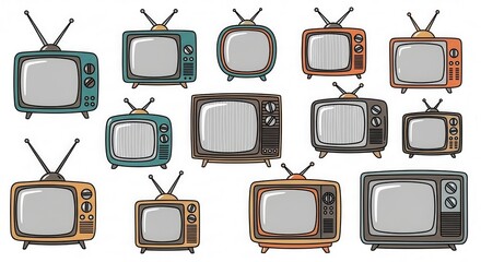 A whimsical collection of retro television sets evokes nostalgia and vintage charm featuring
