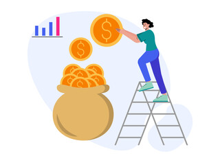 People are managing their finances well or saving coins in their money bags. Saving vector illustration. Flat illustration concept.
