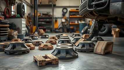 chock. Wooden wheel chocks scattered across an auto repair shop floor in an industrial setting. safety posters, maintenance manuals, designed for industrial assembly lines and welding operations.