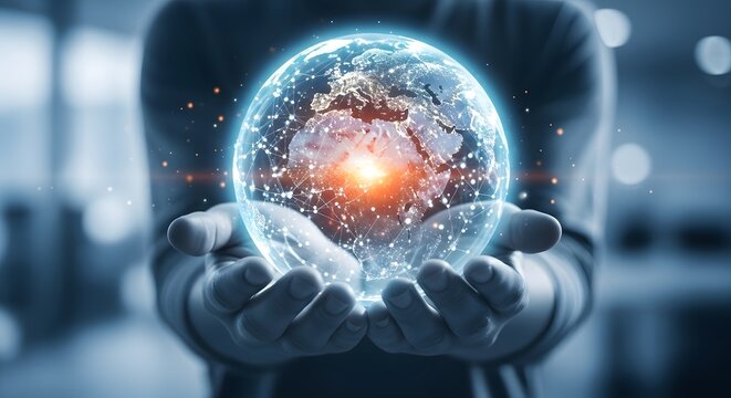 Person holding a glowing digital globe with connections and data visualization
