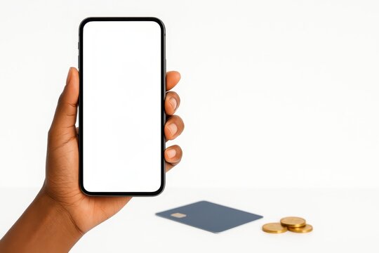 Hand of african american woman holding frameless smartphone with bright white screen on clean background modern mobile device concept for app mockup social media and tech design - Powered by Adobe