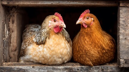 Two Chickens Resting Together in Wooden Box Nesting Area at Farm