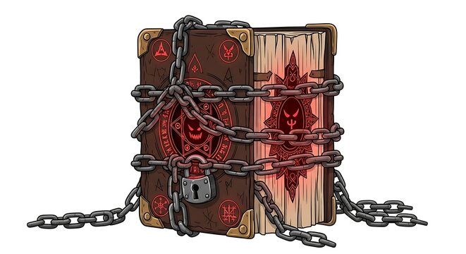 Ancient magical spellbook bound in heavy chains and a lock. - Powered by Adobe