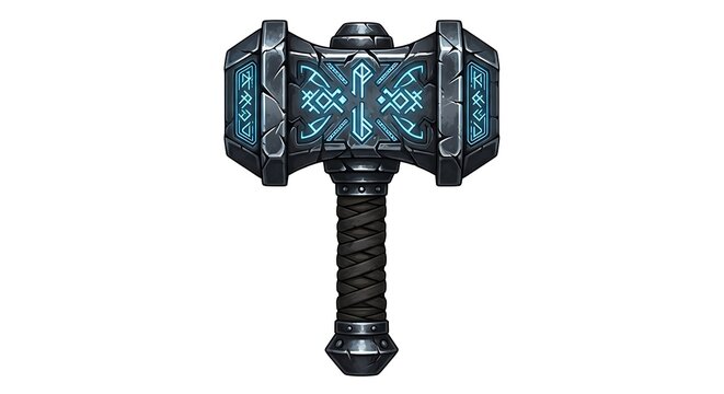Fantasy War Hammer with Glowing Runes on White Background.