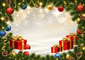 Christmas Frame with Red Gift Boxes, Pine Branches, and Shining Holiday Ornaments in Snow