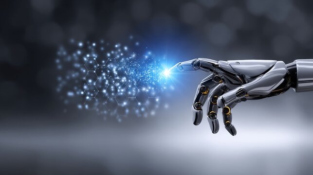 Person's hand ,Biotechnology, Nanotechnology, Futuristic Technology Concept - Hand Activating Nanobot Swarm via Virtual Interface in Biotech Lab Setting with Copy Space.