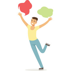 Joyful Young Man with Arms Raised Celebrating Amidst Red and Green Abstract Shapes Against Transparent Background