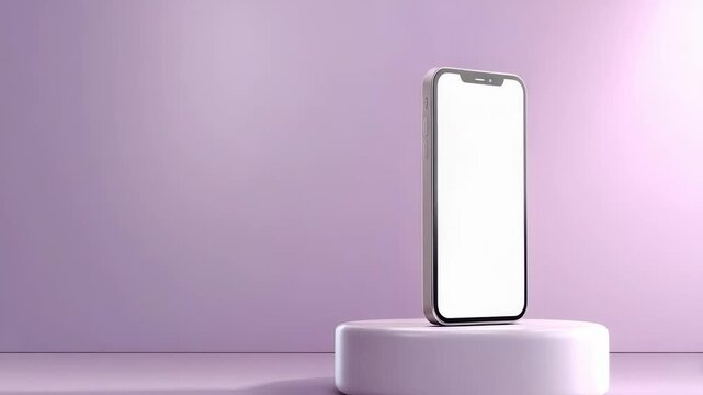 Modern smartphone with blank white screen stands upright on a round pedestal against a soft pastel purple background. Minimalistic composition highlights mobile technology and digital lifestyle trends