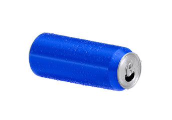 Open blue Aluminum soda can with water drops, transparent background