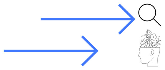 Obraz premium Arrows directing toward a magnifying glass and a human head with blooming flowers. Ideal for creativity, exploration, innovation, learning, mindfulness, growth, focus. Simple flat metaphor