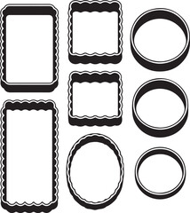 Collection of decorative black frames and rings on white background