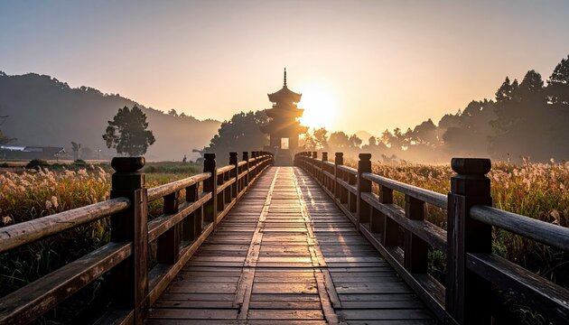 A wooden bridge stretches towards a traditional pagoda, bathed in the warm glow of a misty sunrise, with fields of tall grass and trees in the background.
