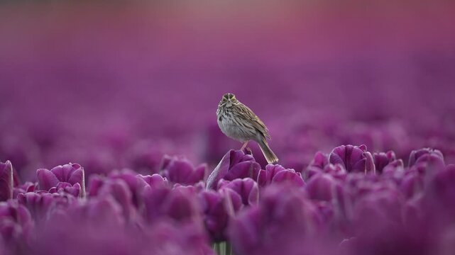 A savannah sparrow rests on a tulip coated with morning dew drops