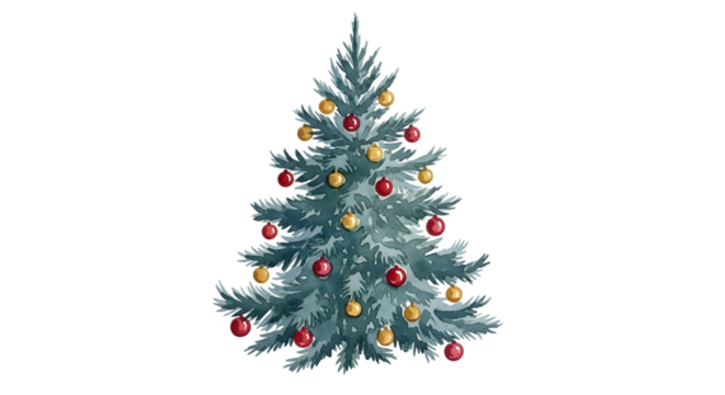 Watercolor christmas tree with ornaments isolated on transparent background