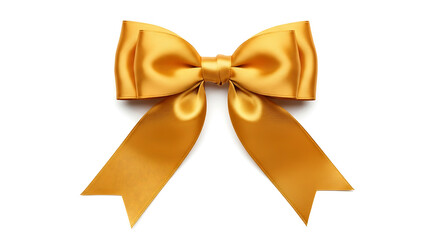 Golden satin bow with flowing tails on a white background ribbon silk