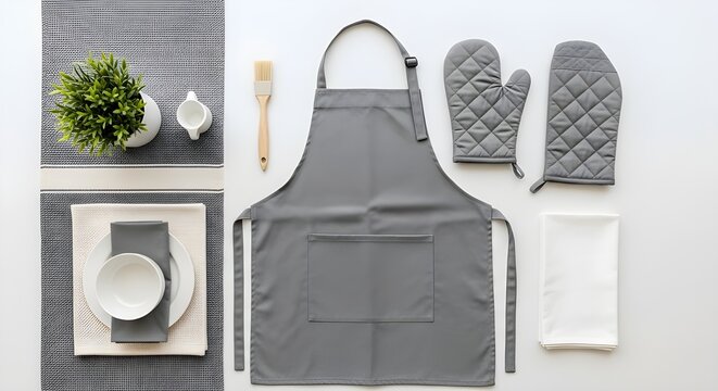 Flat lay of a grey apron oven mitts kitchen towel wooden spoon and place setting for cooking and baking preparation