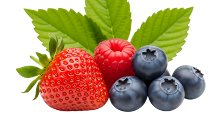 Fresh mixed berries with green leaves isolated on transparent background