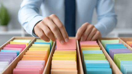 Organized colorful sticky notes in wooden trays with person selecting pink note, showing neat arrangement and focus on office or study work with vibrant pastel colors